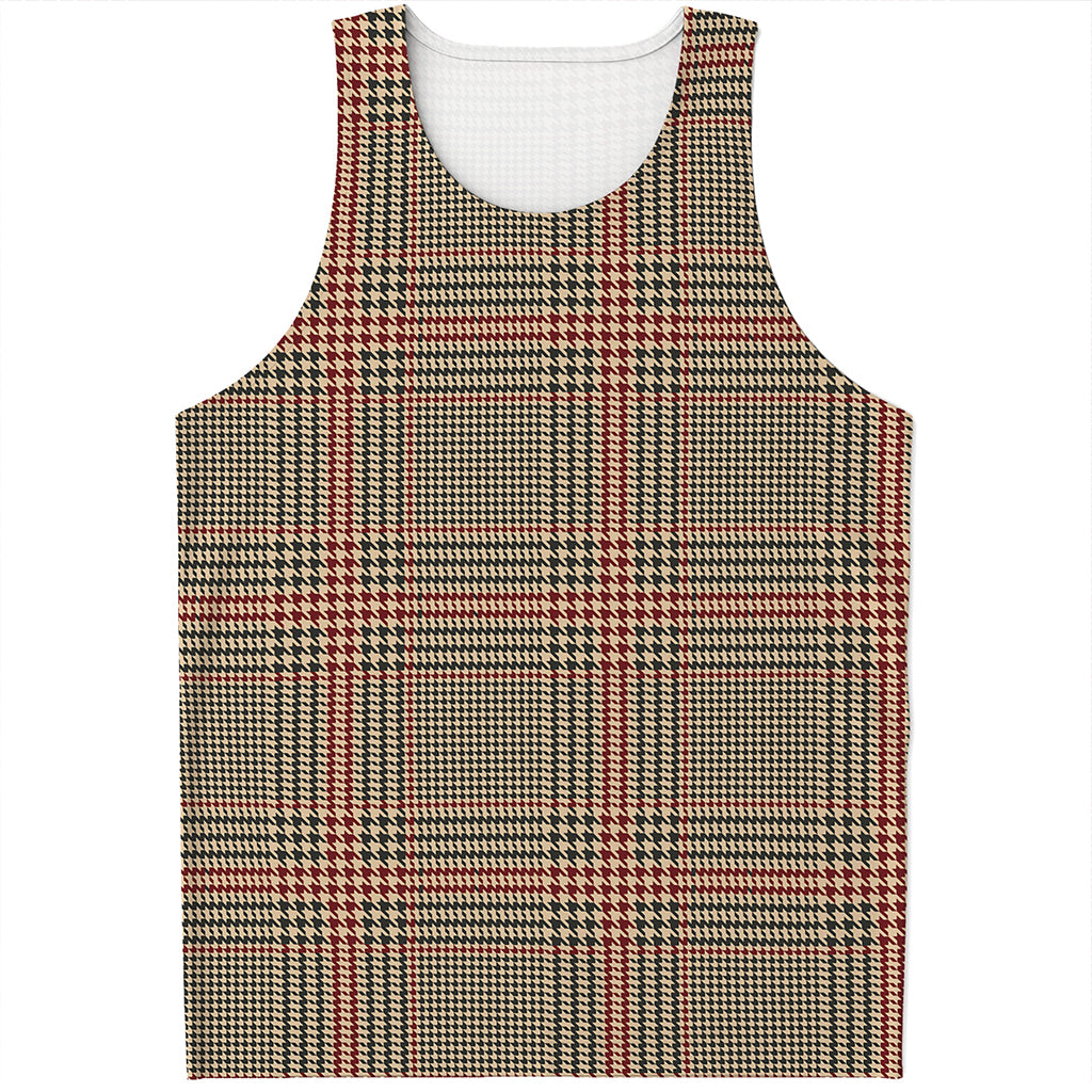 Brown Beige And Red Glen Plaid Print Men's Tank Top
