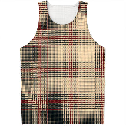 Brown Beige And Red Glen Plaid Print Men's Tank Top