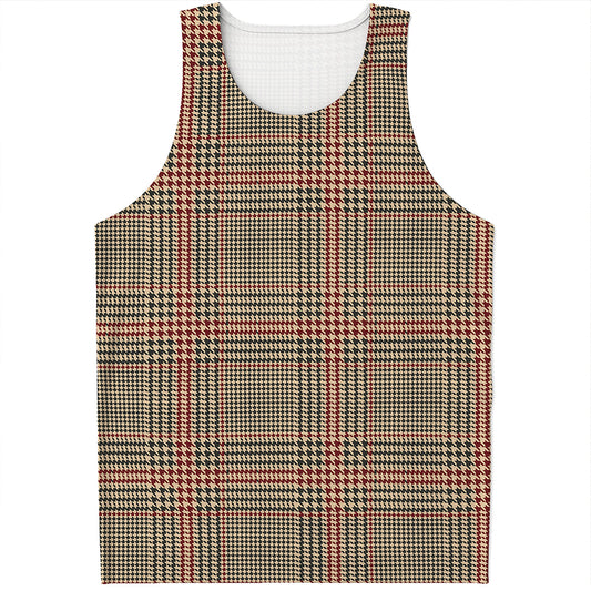 Brown Beige And Red Glen Plaid Print Men's Tank Top