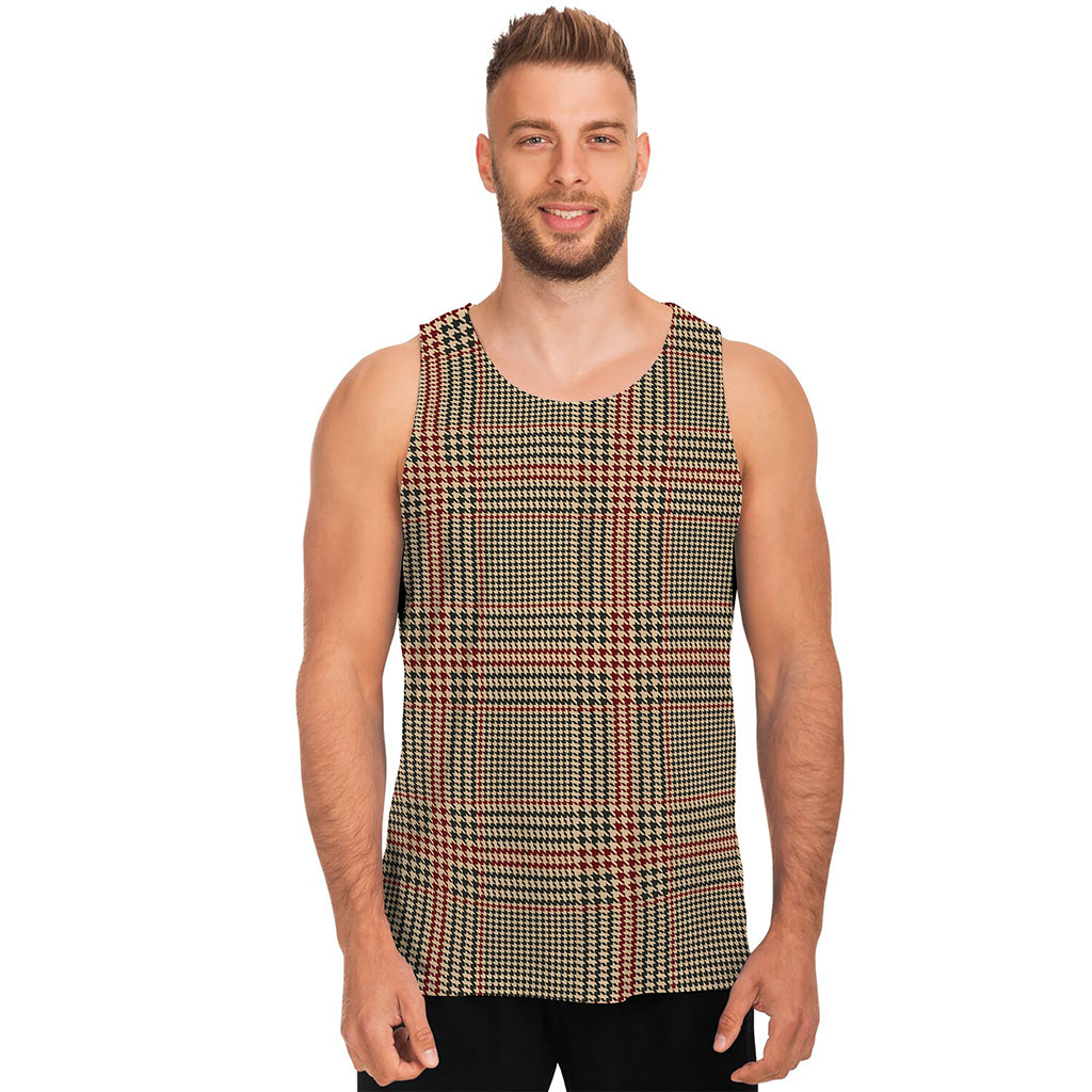 Brown Beige And Red Glen Plaid Print Men's Tank Top