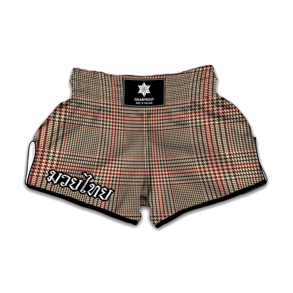 Brown Beige And Red Glen Plaid Print Muay Thai Boxing Shorts