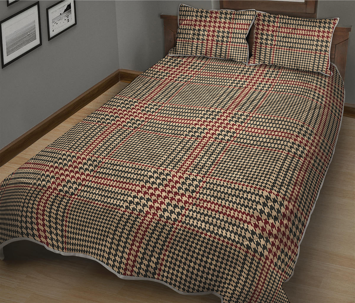 Brown Beige And Red Glen Plaid Print Quilt Bed Set