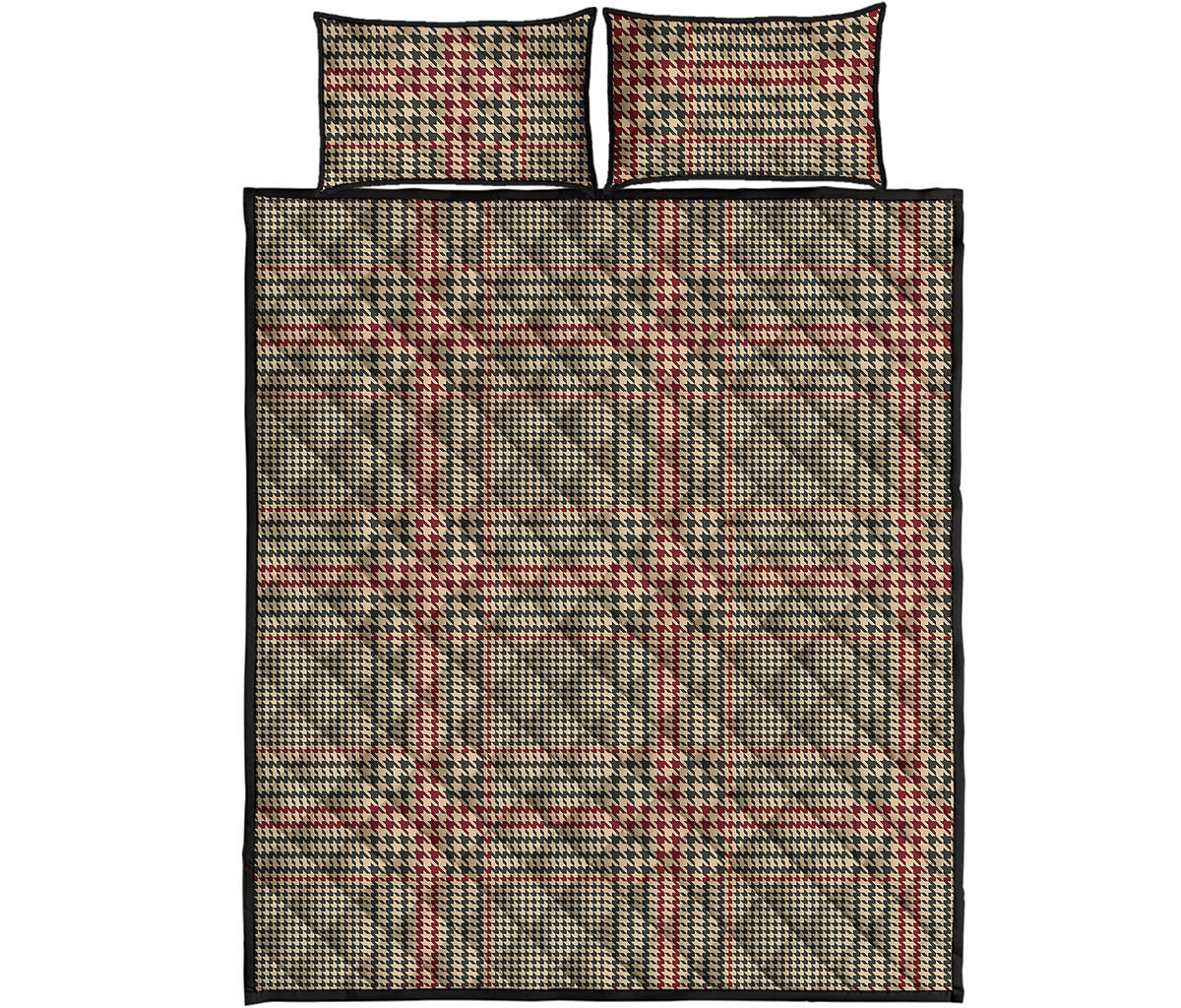 Brown Beige And Red Glen Plaid Print Quilt Bed Set