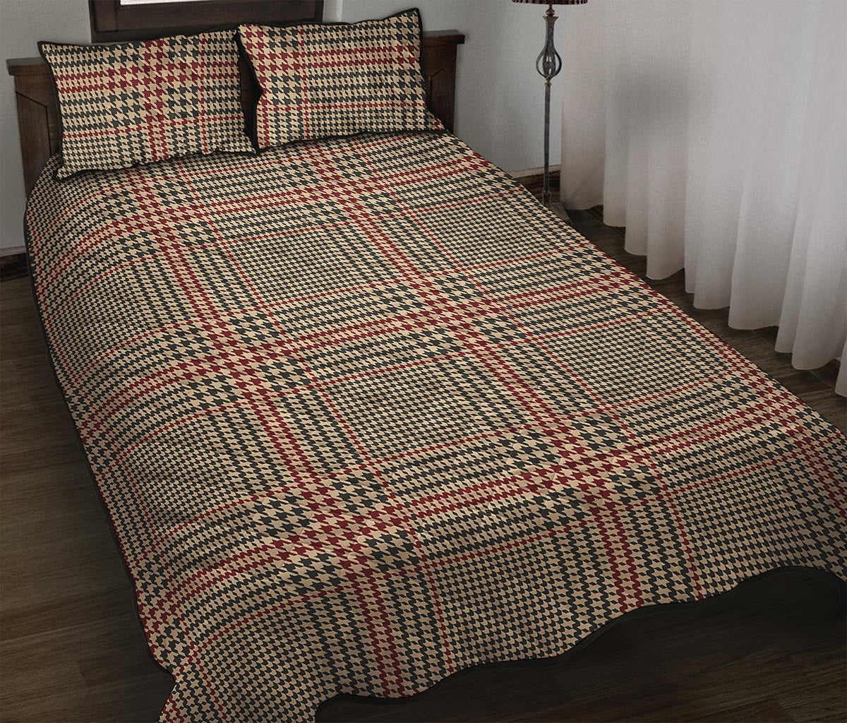 Brown Beige And Red Glen Plaid Print Quilt Bed Set