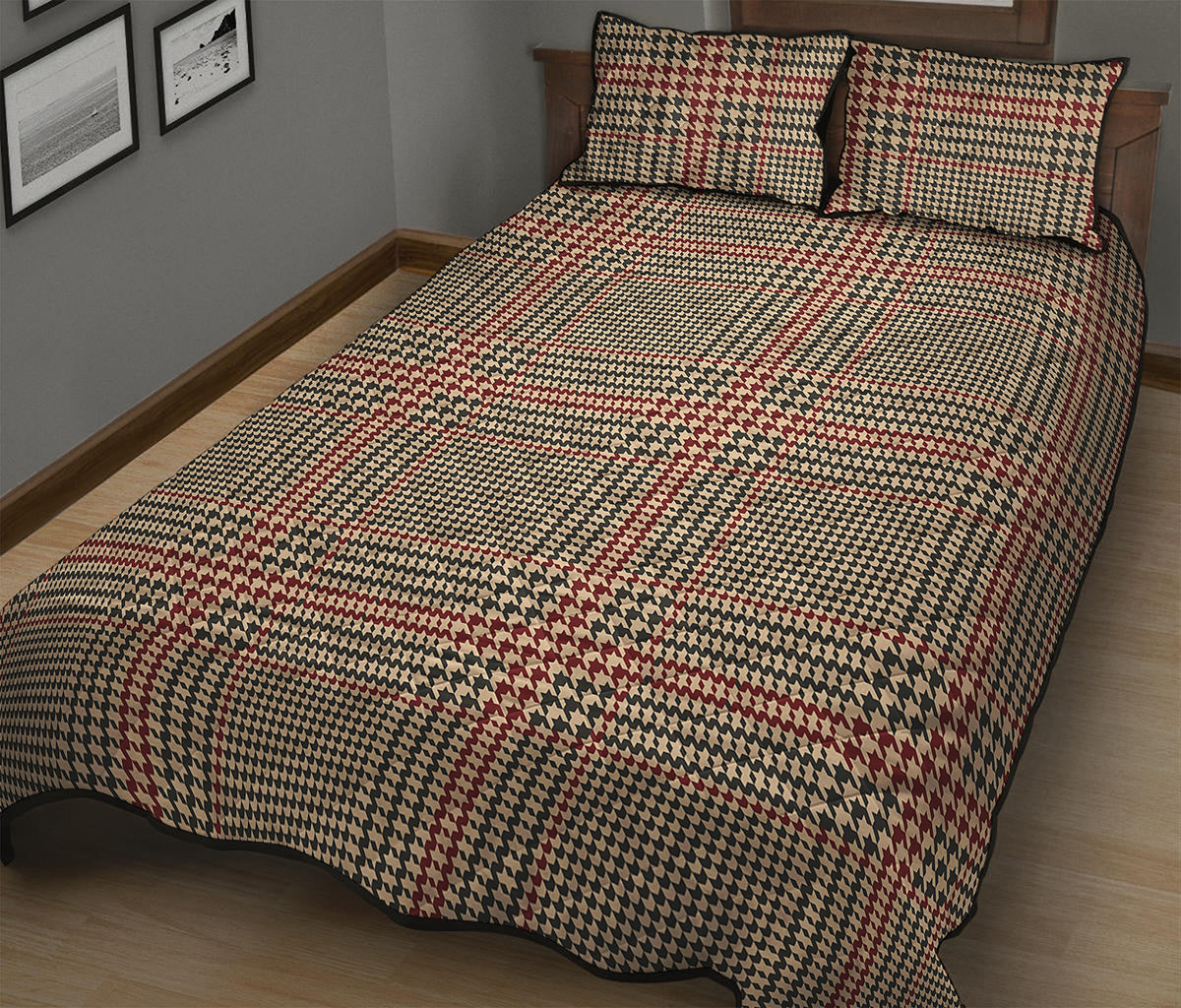 Brown Beige And Red Glen Plaid Print Quilt Bed Set