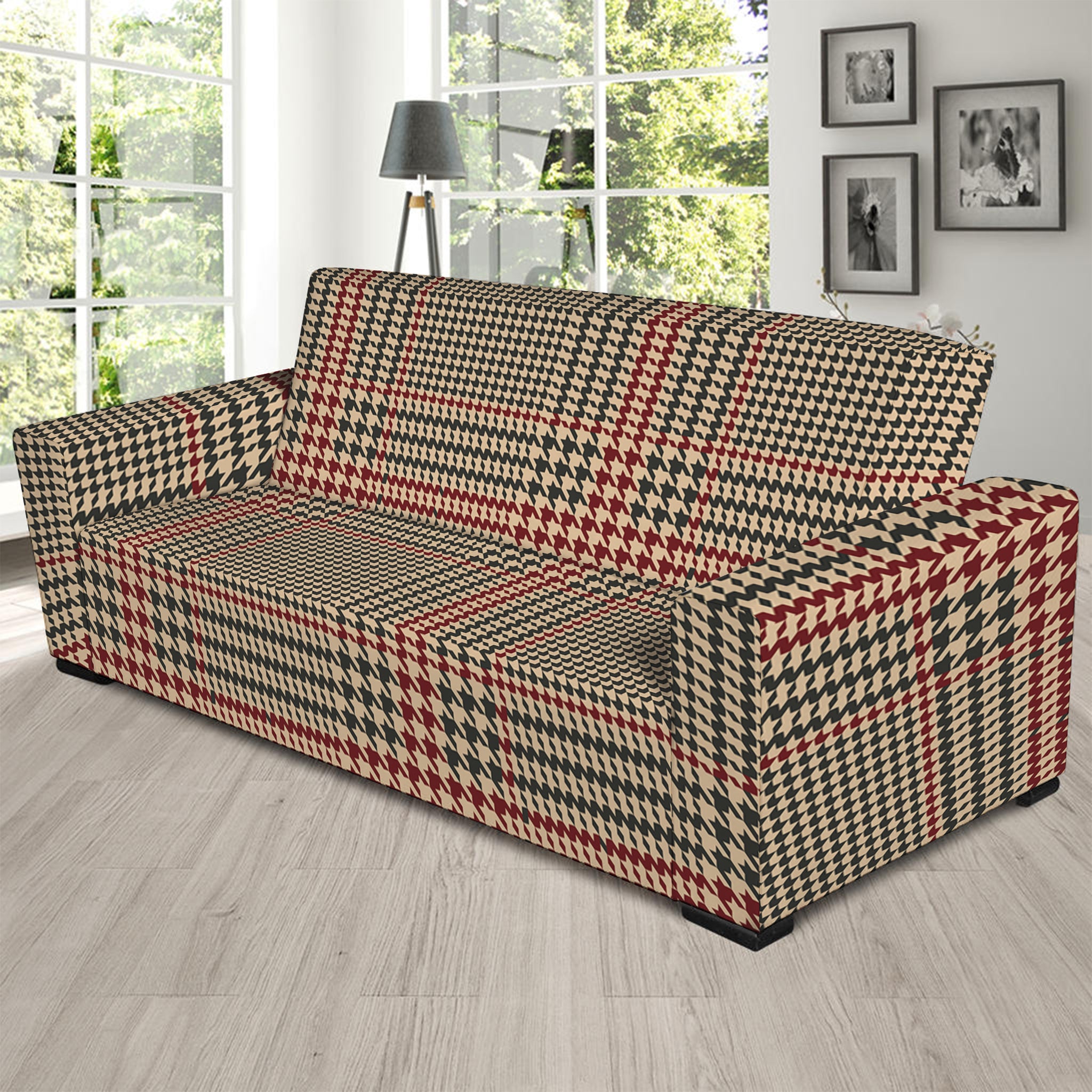 Brown Beige And Red Glen Plaid Print Sofa Slipcover