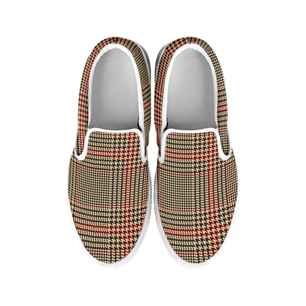 Brown Beige And Red Glen Plaid Print White Slip On Shoes