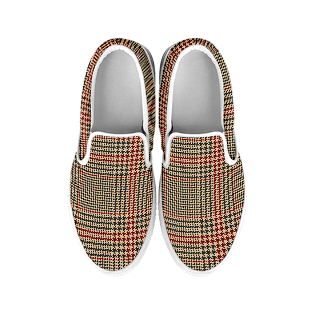Brown Beige And Red Glen Plaid Print White Slip On Shoes