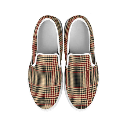 Brown Beige And Red Glen Plaid Print White Slip On Shoes
