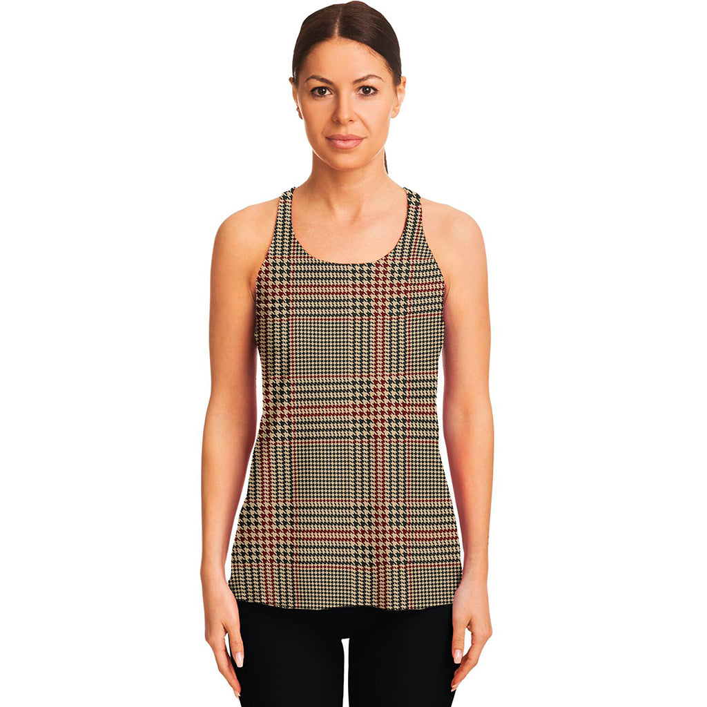 Brown Beige And Red Glen Plaid Print Women's Racerback Tank Top