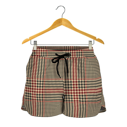 Brown Beige And Red Glen Plaid Print Women's Shorts