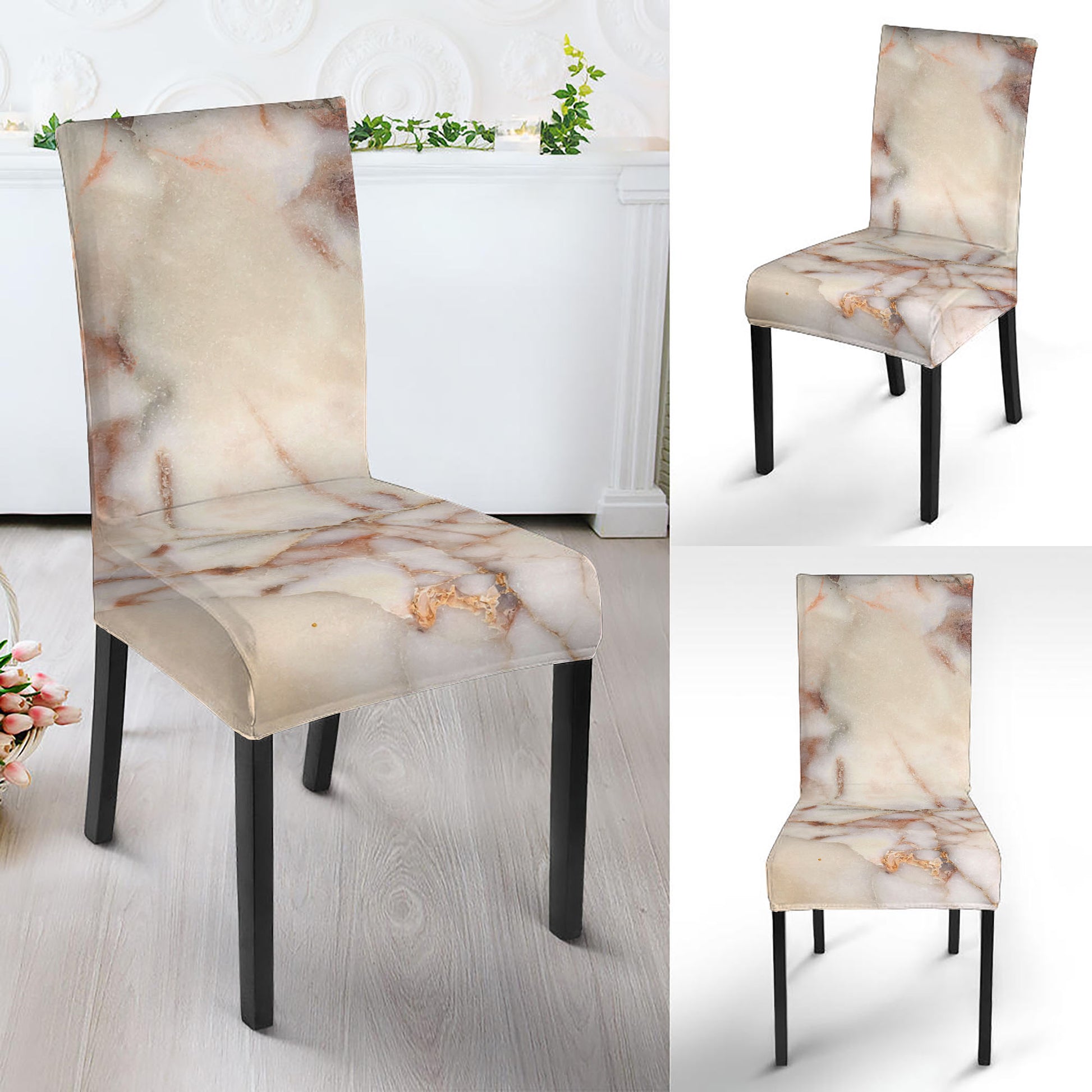 Brown Beige Marble Print Dining Chair Slipcover