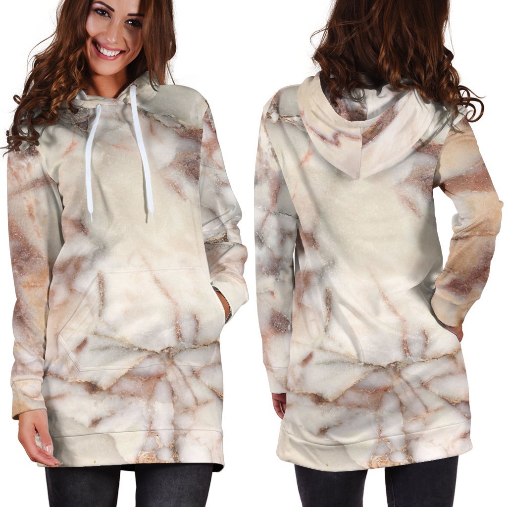 Brown Beige Marble Print Hoodie Dress GearFrost