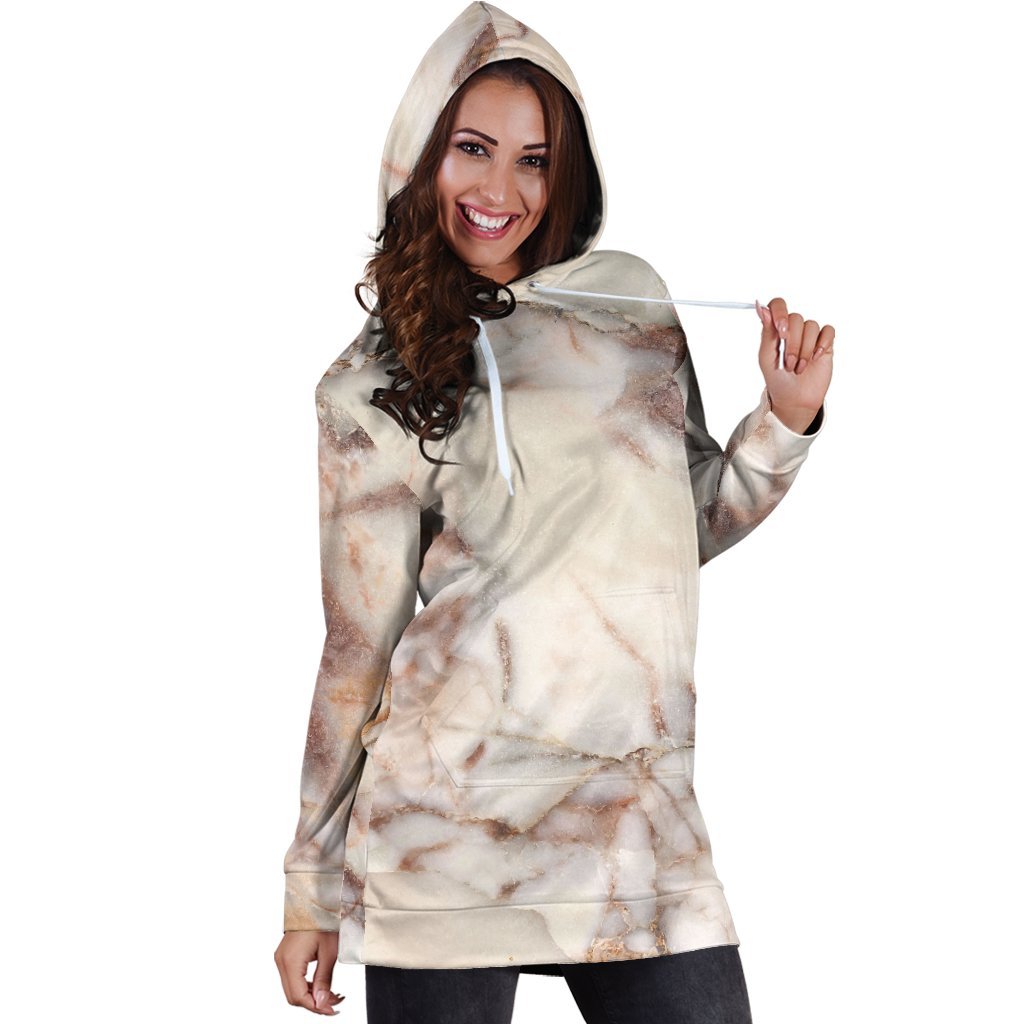 Brown Beige Marble Print Hoodie Dress GearFrost