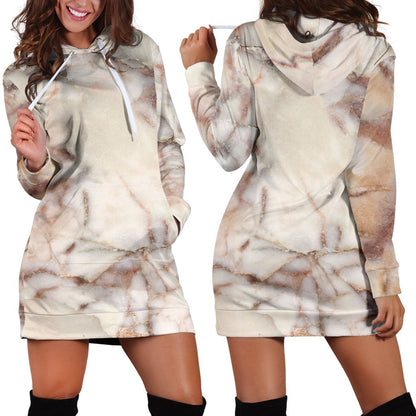 Brown Beige Marble Print Hoodie Dress GearFrost