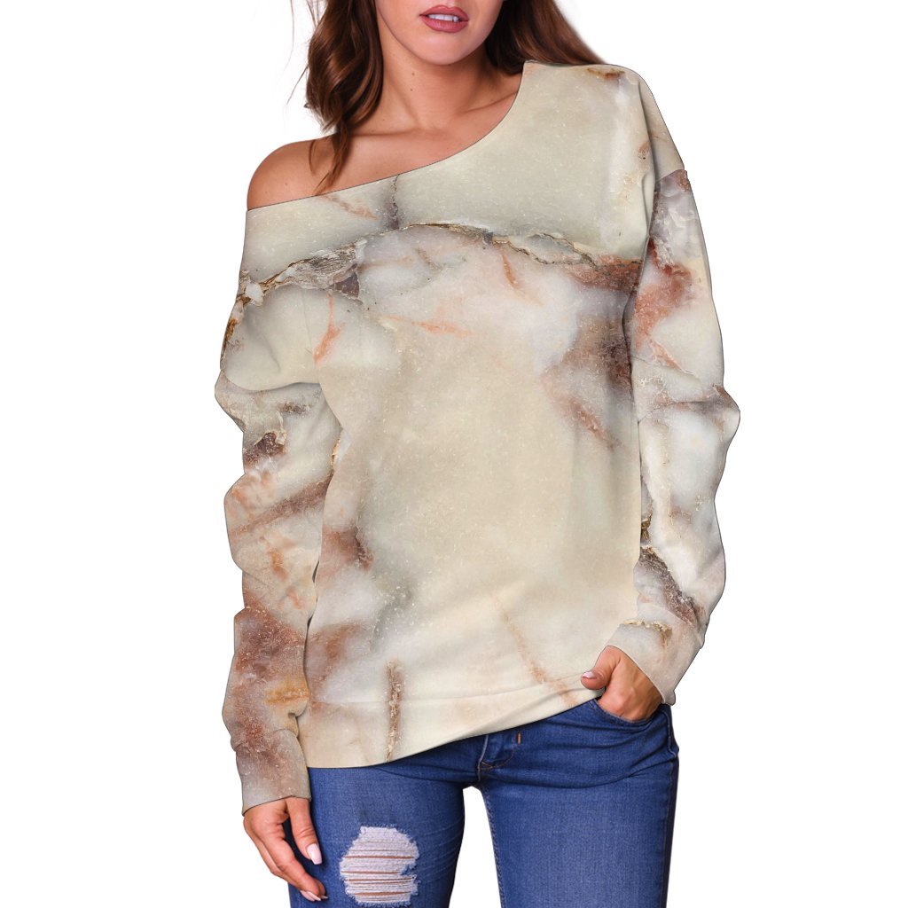 Brown Beige Marble Print Off Shoulder Sweatshirt GearFrost