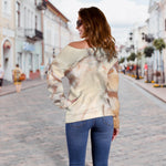 Brown Beige Marble Print Off Shoulder Sweatshirt GearFrost