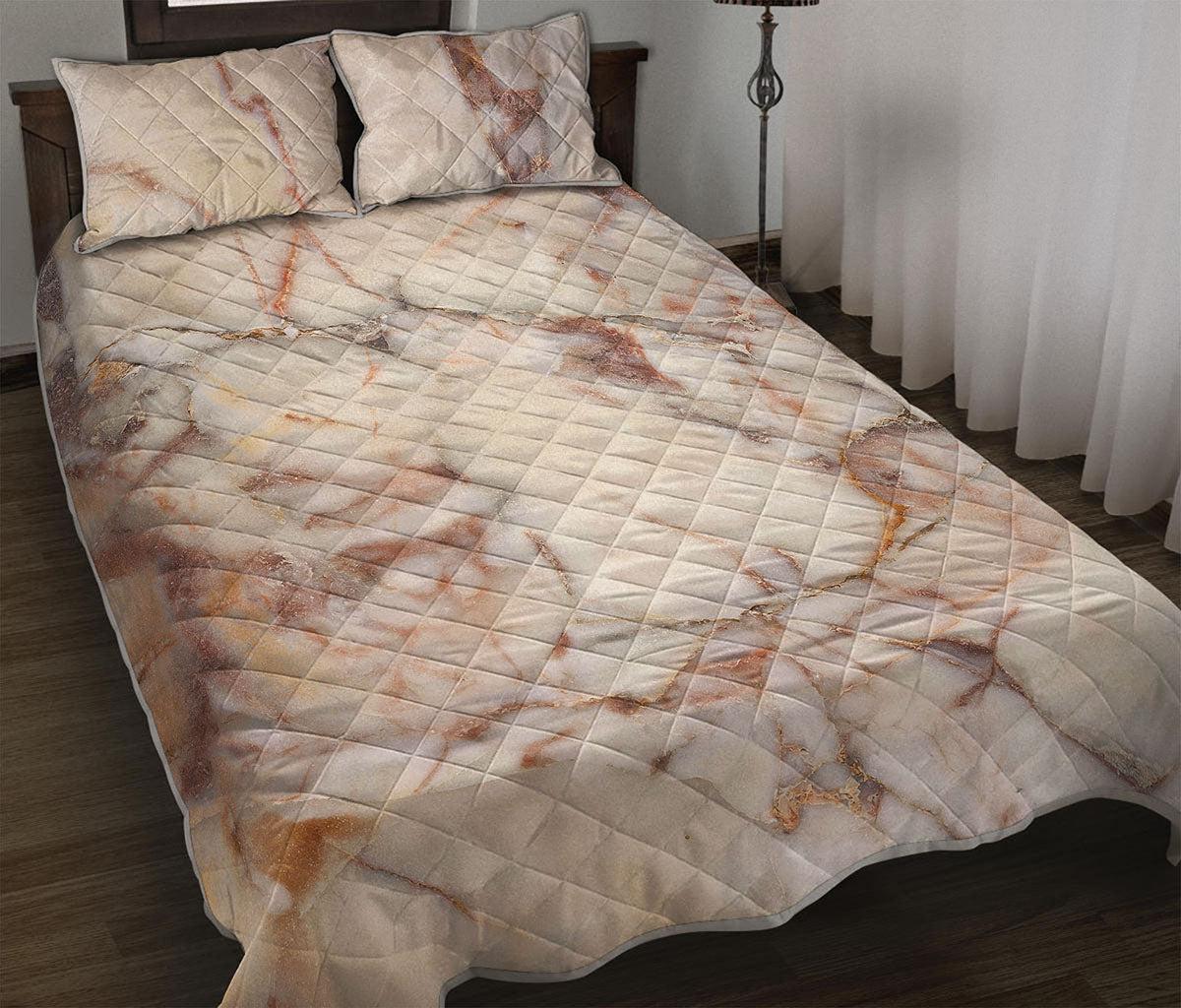 Brown Beige Marble Print Quilt Bed Set