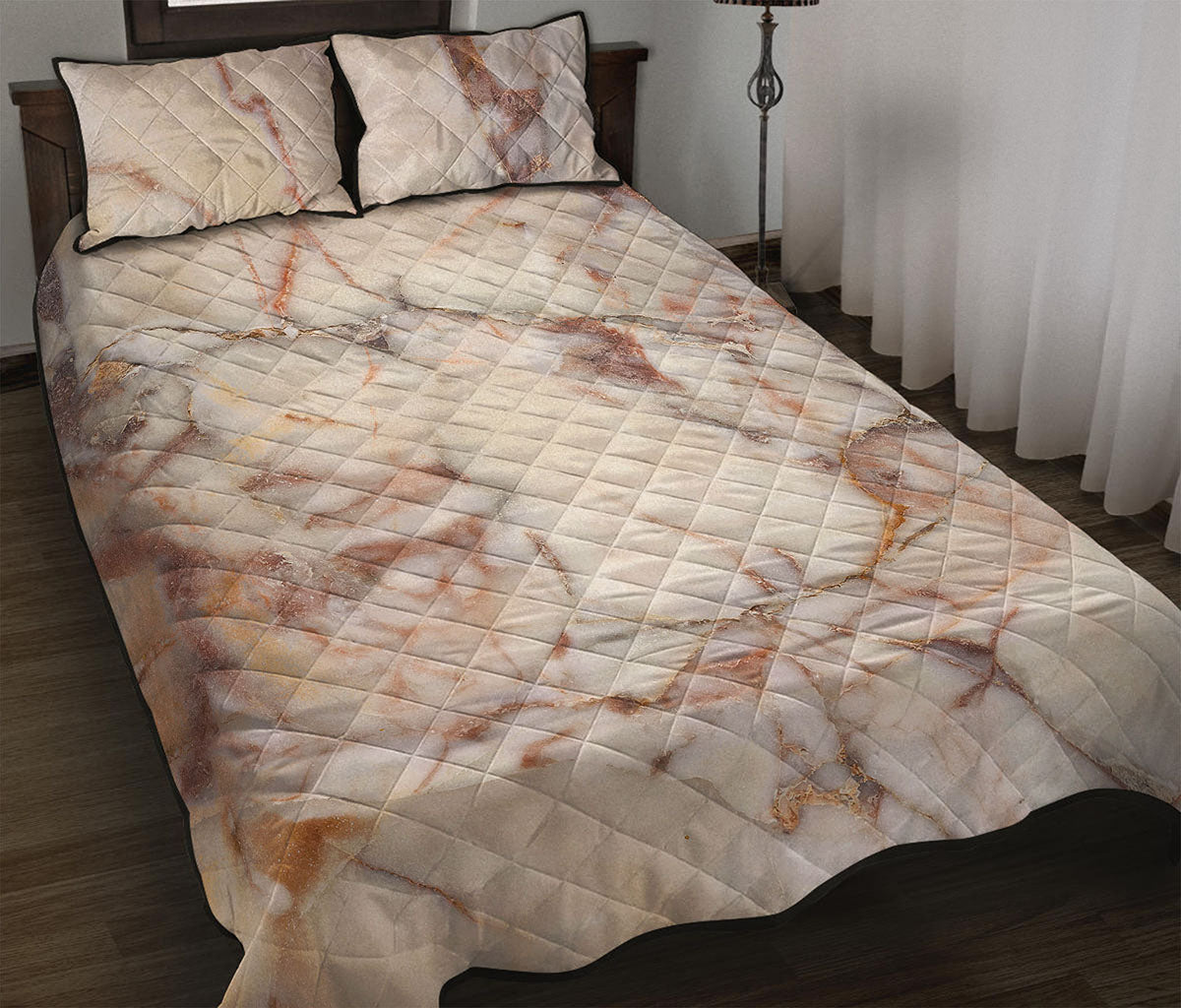 Brown Beige Marble Print Quilt Bed Set