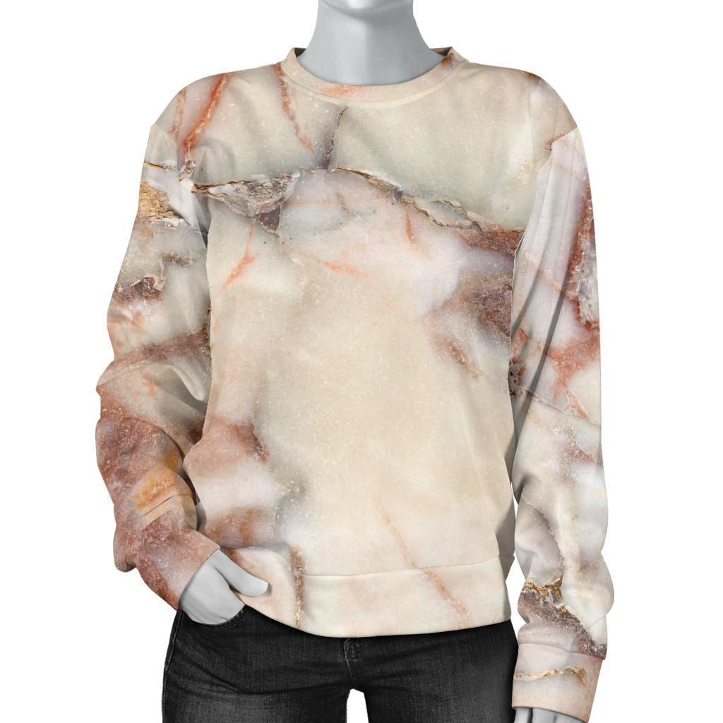 Brown Beige Marble Print Women's Crewneck Sweatshirt GearFrost