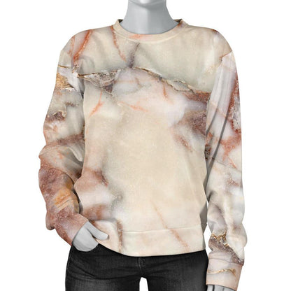 Brown Beige Marble Print Women's Crewneck Sweatshirt GearFrost