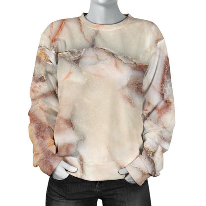 Brown Beige Marble Print Women's Crewneck Sweatshirt GearFrost