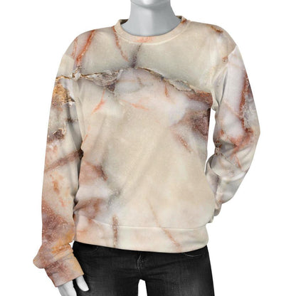 Brown Beige Marble Print Women's Crewneck Sweatshirt GearFrost