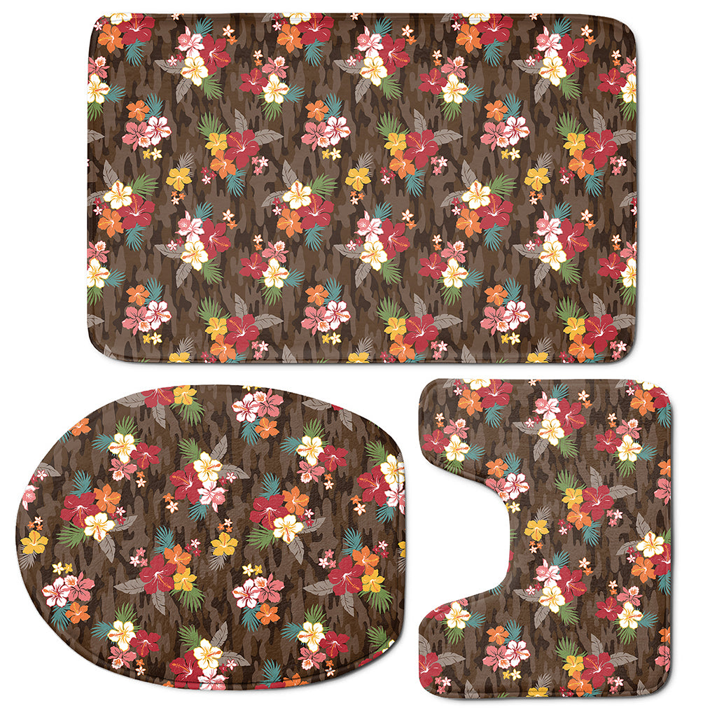 Brown Camo Hibiscus Flower Print 3 Piece Bath Mat Set