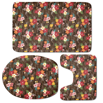 Brown Camo Hibiscus Flower Print 3 Piece Bath Mat Set