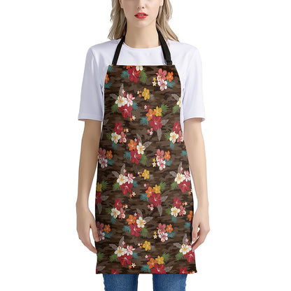 Brown Camo Hibiscus Flower Print Apron
