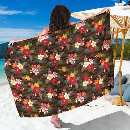 Brown Camo Hibiscus Flower Print Beach Sarong Wrap