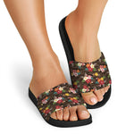 Brown Camo Hibiscus Flower Print Black Slide Sandals