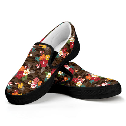 Brown Camo Hibiscus Flower Print Black Slip On Shoes
