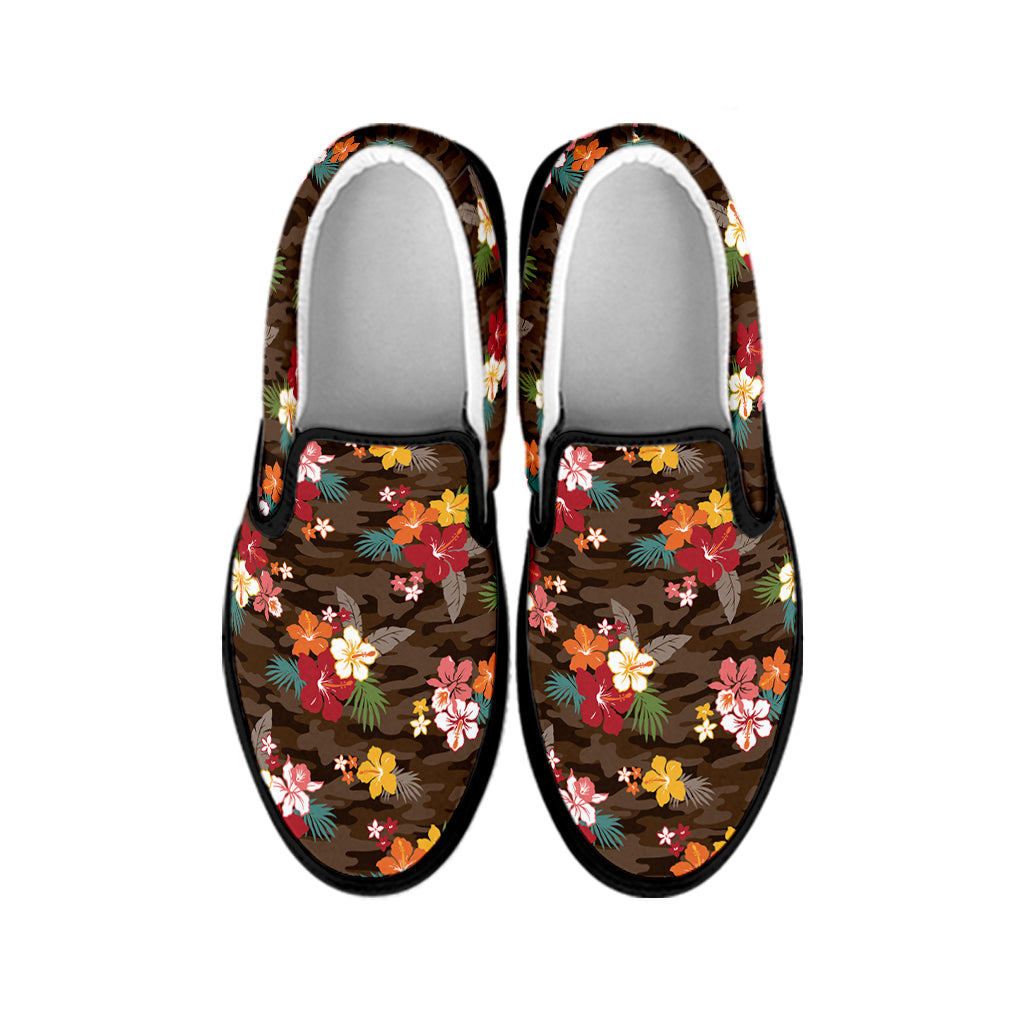 Brown Camo Hibiscus Flower Print Black Slip On Shoes