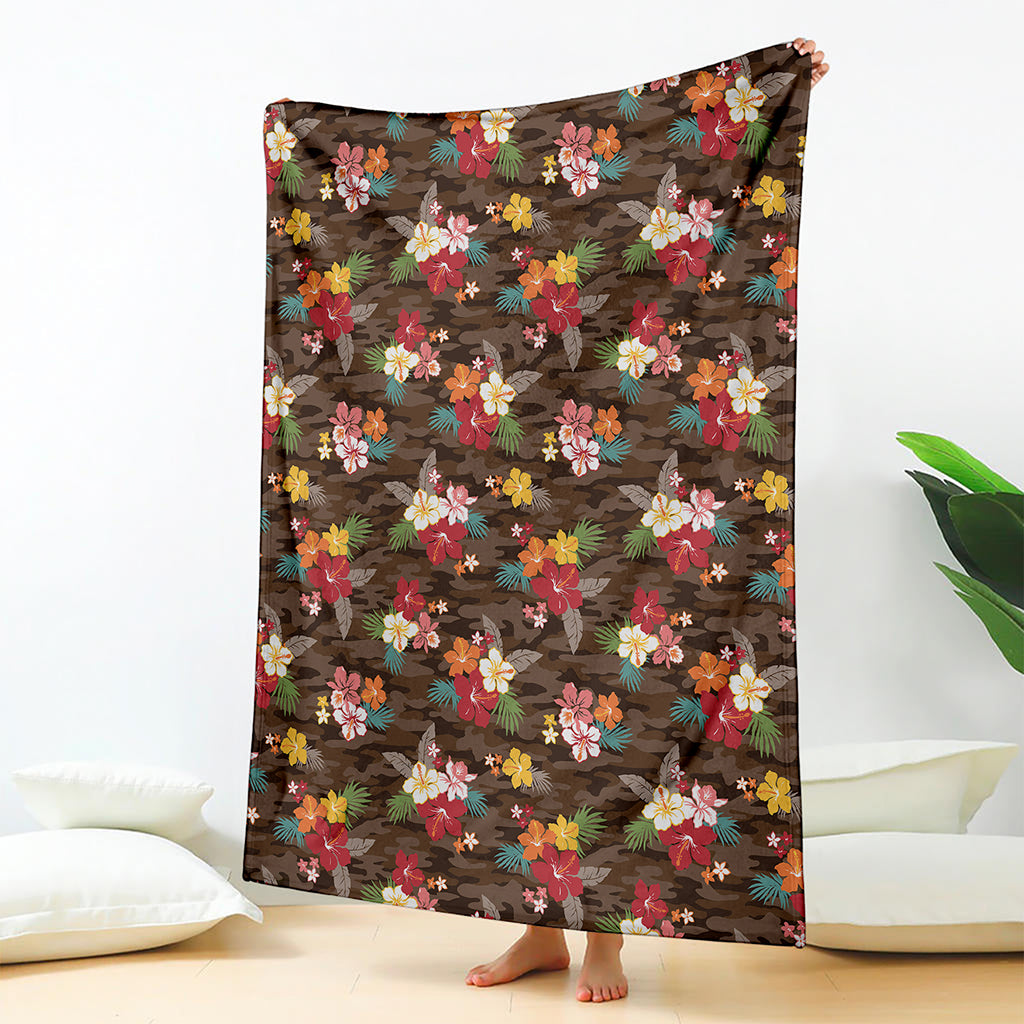 Brown Camo Hibiscus Flower Print Blanket