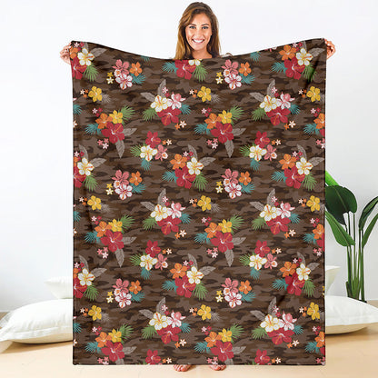 Brown Camo Hibiscus Flower Print Blanket