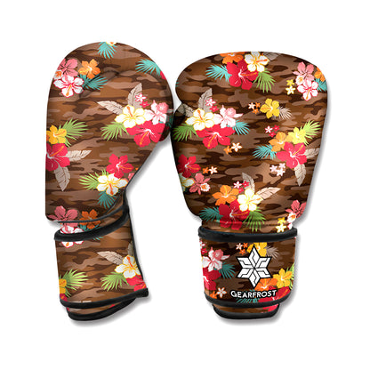 Brown Camo Hibiscus Flower Print Boxing Gloves