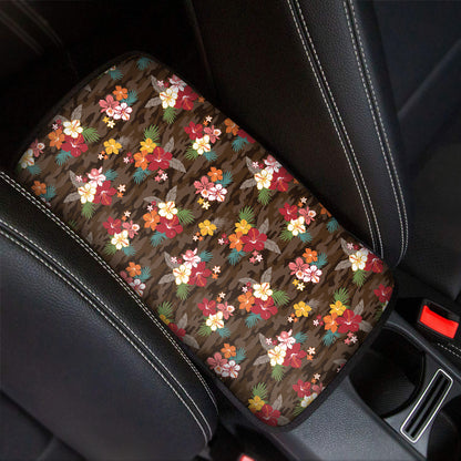 Brown Camo Hibiscus Flower Print Car Center Console Cover