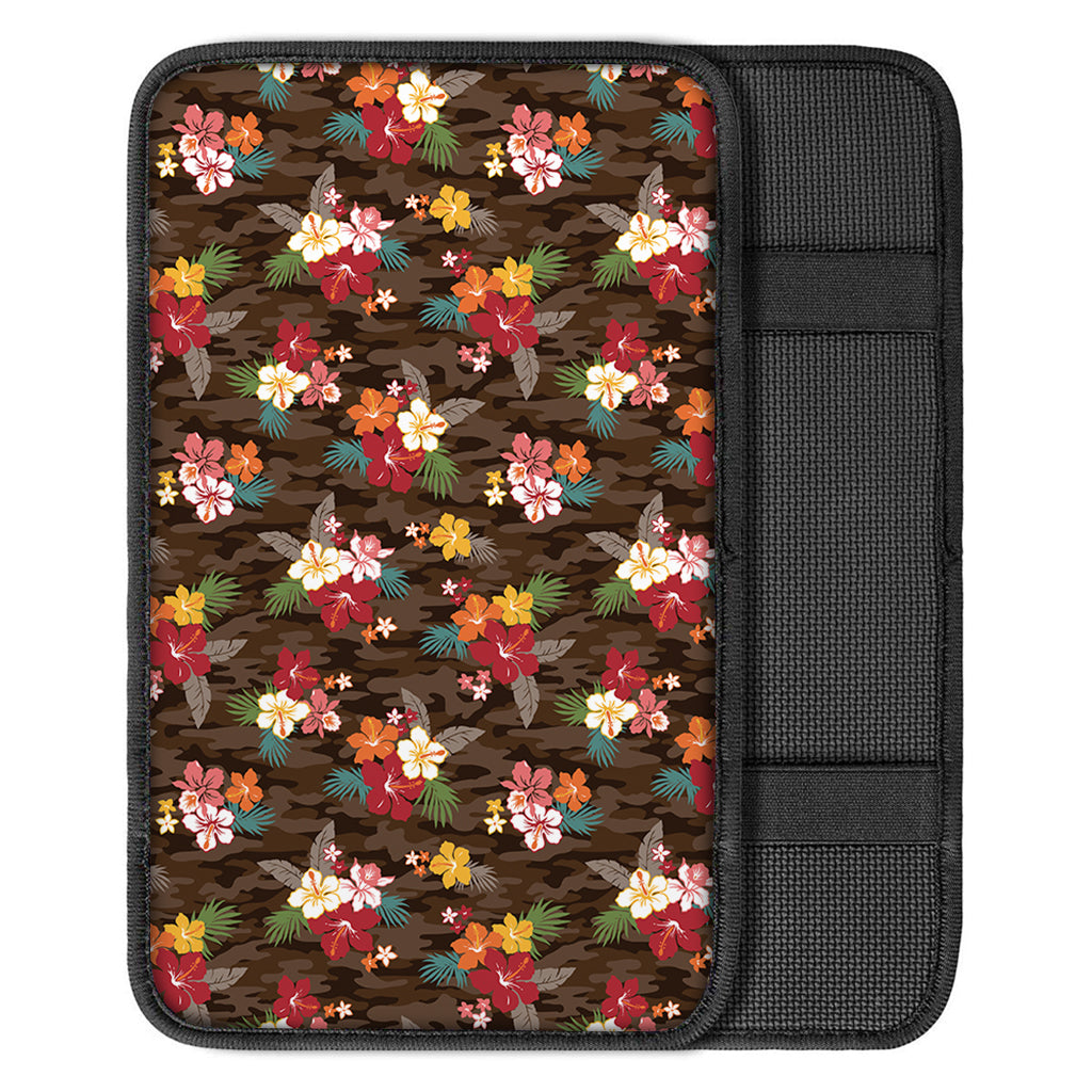 Brown Camo Hibiscus Flower Print Car Center Console Cover
