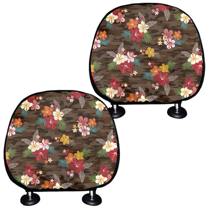 Brown Camo Hibiscus Flower Print Car Headrest Covers