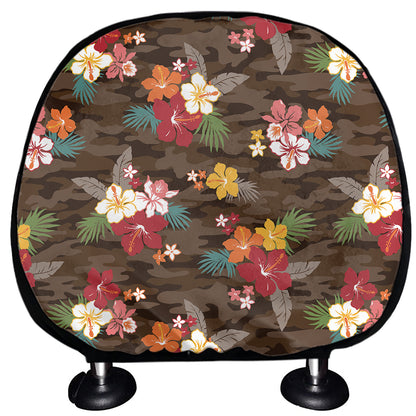 Brown Camo Hibiscus Flower Print Car Headrest Covers