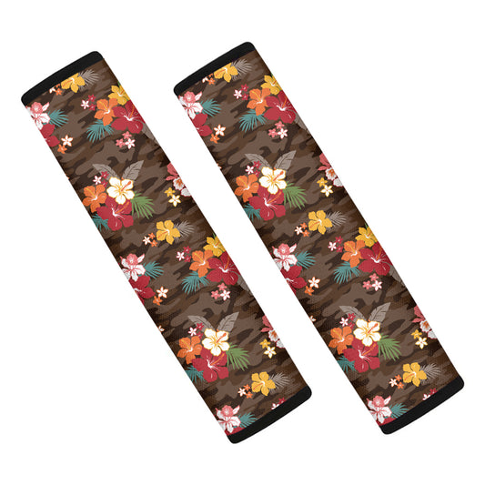 Brown Camo Hibiscus Flower Print Car Seat Belt Covers