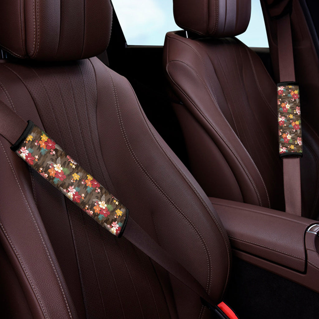Brown Camo Hibiscus Flower Print Car Seat Belt Covers