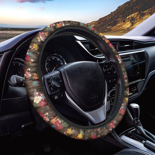 Brown Camo Hibiscus Flower Print Car Steering Wheel Cover