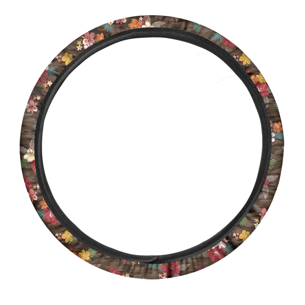 Brown Camo Hibiscus Flower Print Car Steering Wheel Cover