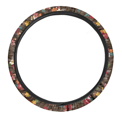 Brown Camo Hibiscus Flower Print Car Steering Wheel Cover