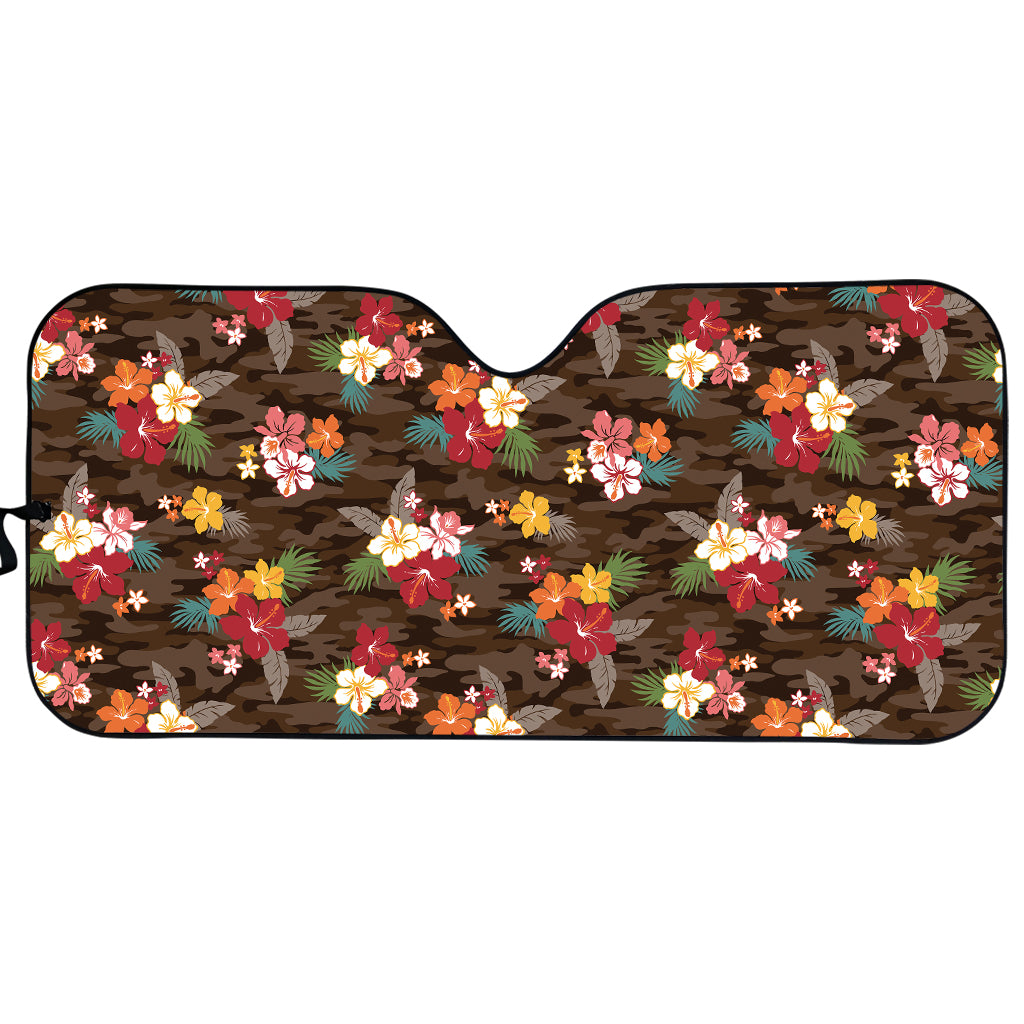 Brown Camo Hibiscus Flower Print Car Sun Shade