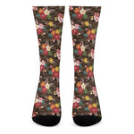 Brown Camo Hibiscus Flower Print Crew Socks