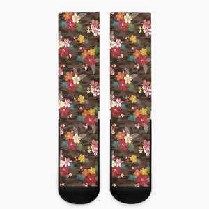 Brown Camo Hibiscus Flower Print Crew Socks