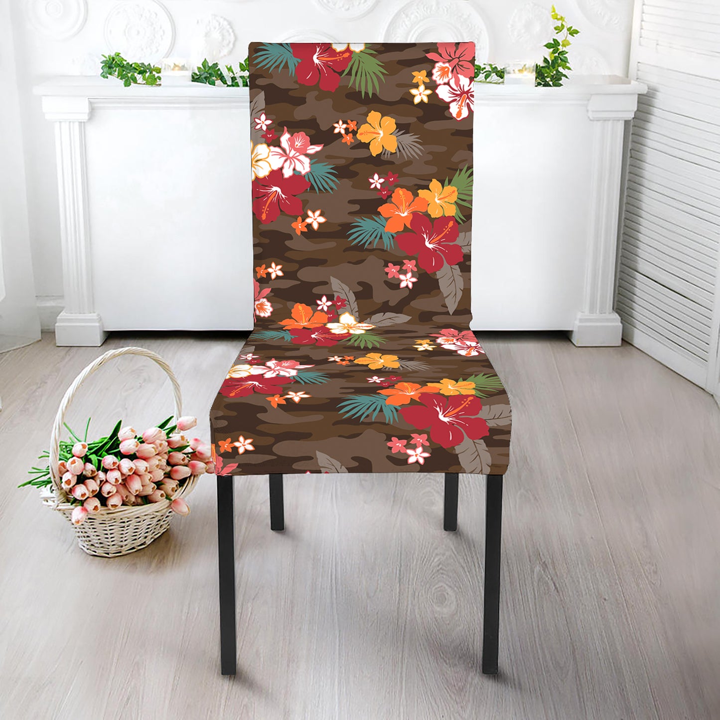 Brown Camo Hibiscus Flower Print Dining Chair Slipcover